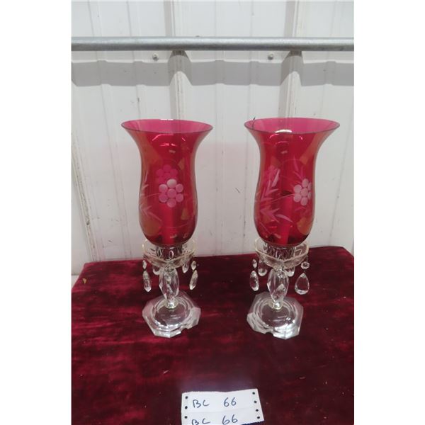 Pair of Vintage Cranberry Glass Hurricane Lustre Lamp
