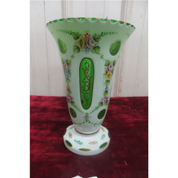 Victorian Bohemian White Overlay Cut-to-Green Glass Vase with Hand-Painted Floral Decoration