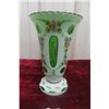 Image 1 : Victorian Bohemian White Overlay Cut-to-Green Glass Vase with Hand-Painted Floral Decoration