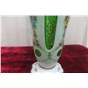 Image 4 : Victorian Bohemian White Overlay Cut-to-Green Glass Vase with Hand-Painted Floral Decoration