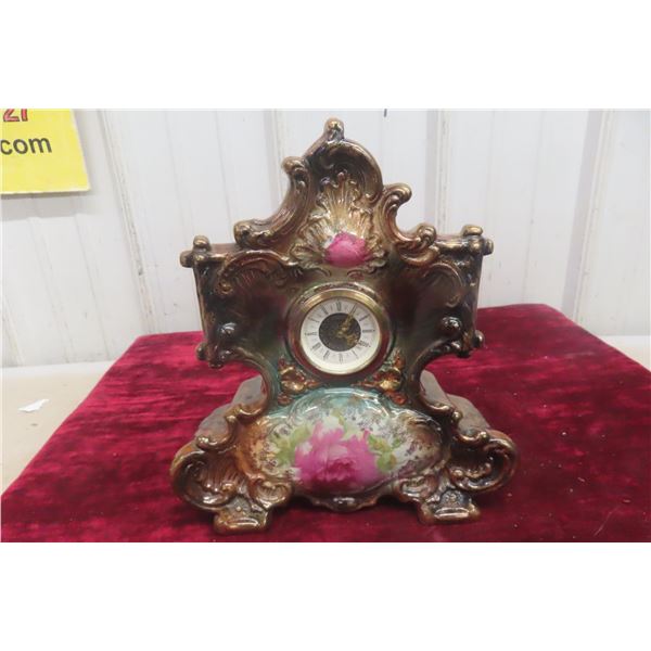 Antique Continental Porcelain Mantel Clock With Majolica-Style Glaze and Rose Motif, Circa 1900