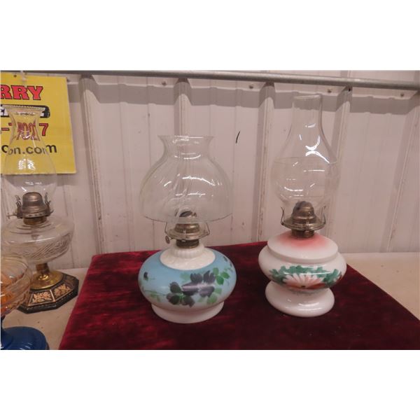 Two Hand-Painted Coal Oil Lamps with Chimneys