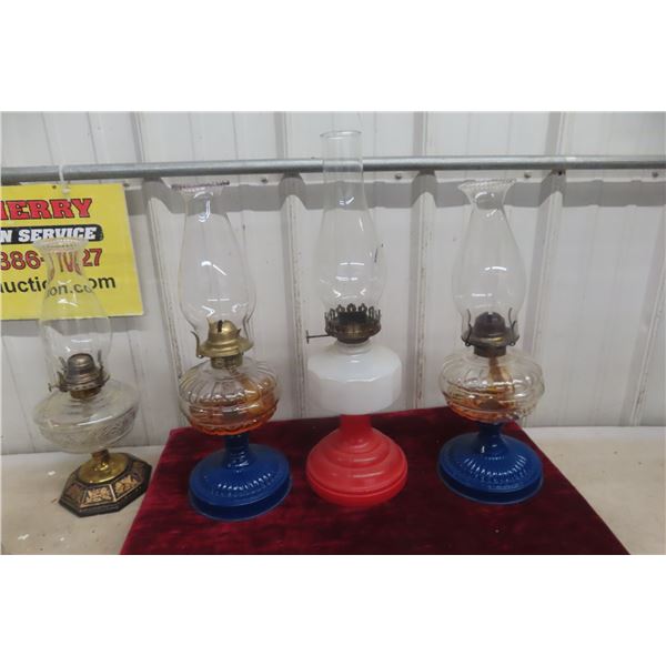 Three Coal Oil Lamps with Chimneys, Two Matching Blue Base and One Red Base