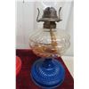 Image 4 : Three Coal Oil Lamps with Chimneys, Two Matching Blue Base and One Red Base