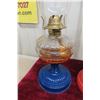 Image 6 : Three Coal Oil Lamps with Chimneys, Two Matching Blue Base and One Red Base