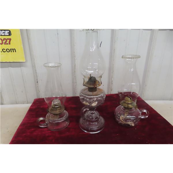 Three Antique Peanut-Style Glass Oil Lamps With Brass Burners and Chimneys