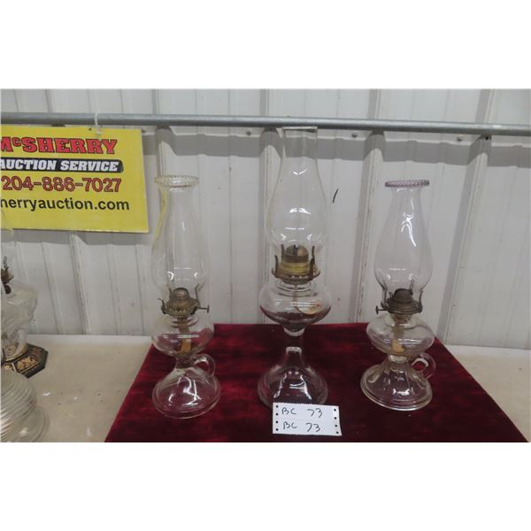 Three Coal Oil Lamps with Chimneys, Including Two Finger Lamps