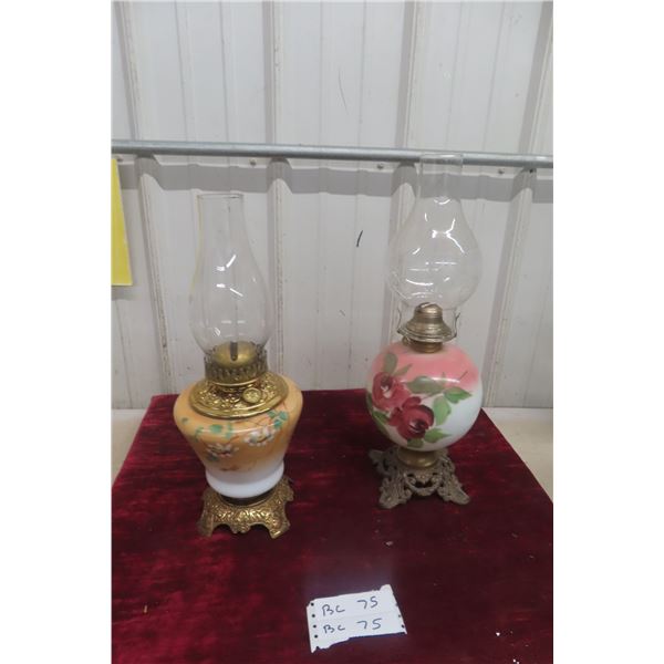 Two Brass-Footed Coal Oil Lamps with Chimneys