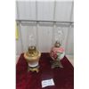 Image 1 : Two Brass-Footed Coal Oil Lamps with Chimneys