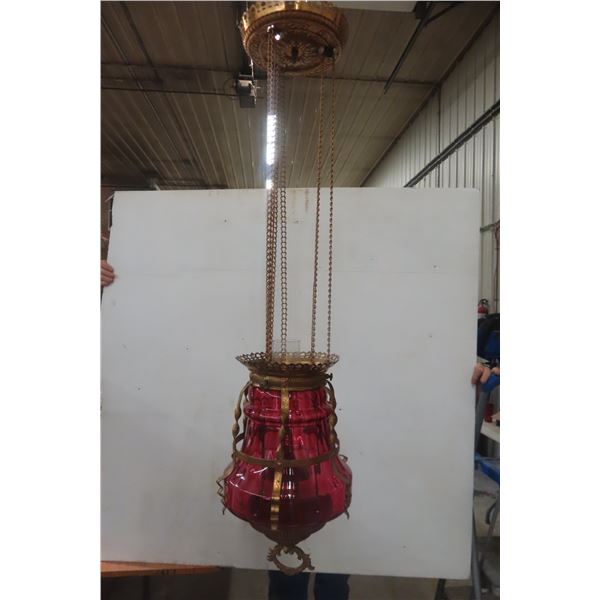 Antique Eastlake-Style Oil Pull-Down Hanging Lamp With Cranberry-Colored Glass Shade