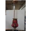 Image 1 : Antique Eastlake-Style Oil Pull-Down Hanging Lamp With Cranberry-Colored Glass Shade