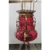 Image 3 : Antique Eastlake-Style Oil Pull-Down Hanging Lamp With Cranberry-Colored Glass Shade