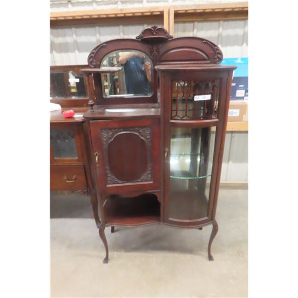 Mahogany Cherry Finish Style Curved Glass China Cabinet with Record Storage