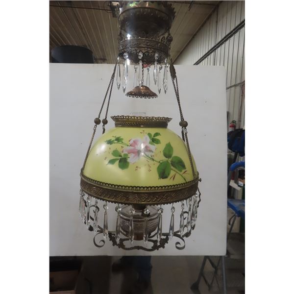 Late 1800's Hanging Parlor Oil Lamp with Hand-Painted Shade