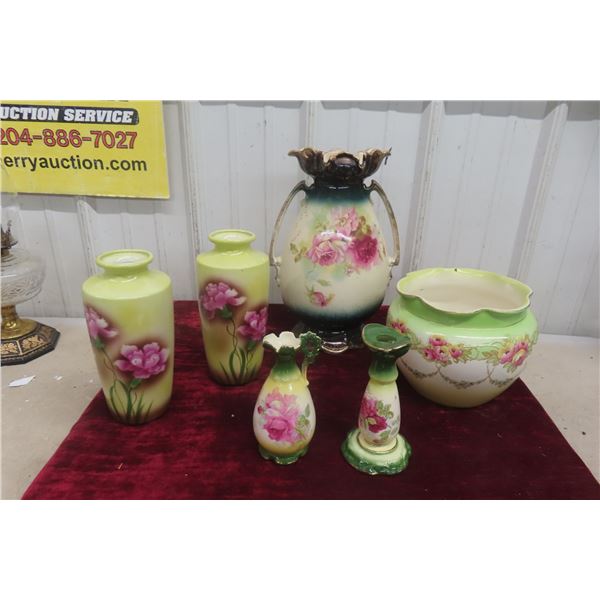 Six Porcelain Floral Vases, Candle Holder and Pitcher, Largest 13" Tall