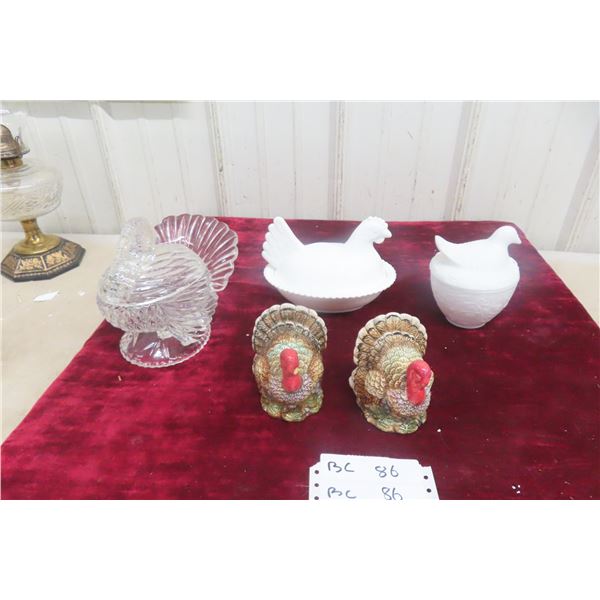 Three Hen-on-Nest Figures with Turkey, Chicken, Dove, and Turkey Salt and Pepper Shakers