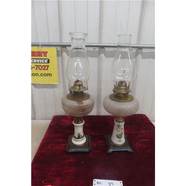 Two Parlor Coal Oil Lamps, Hand-Painted
