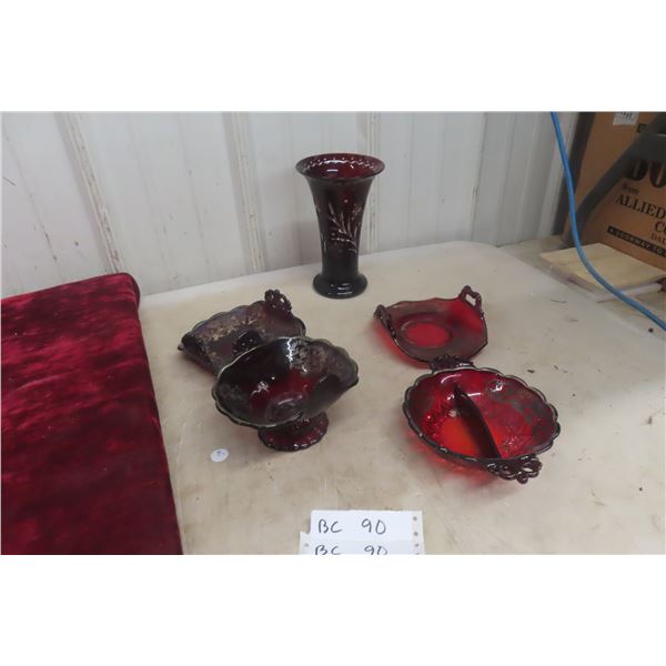 Five Ruby Red Glass Dishes and Trays, Under 8"