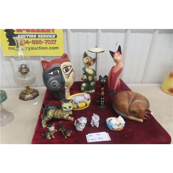 Cat Ornaments Including Wood Carved and Porcelain Examples