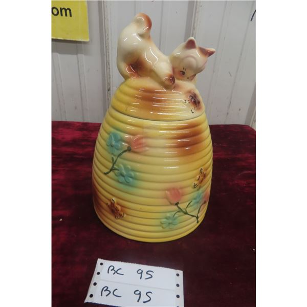 1950s Vintage Cat-On-Beehive Ceramic Cookie Jar With Floral Decoration