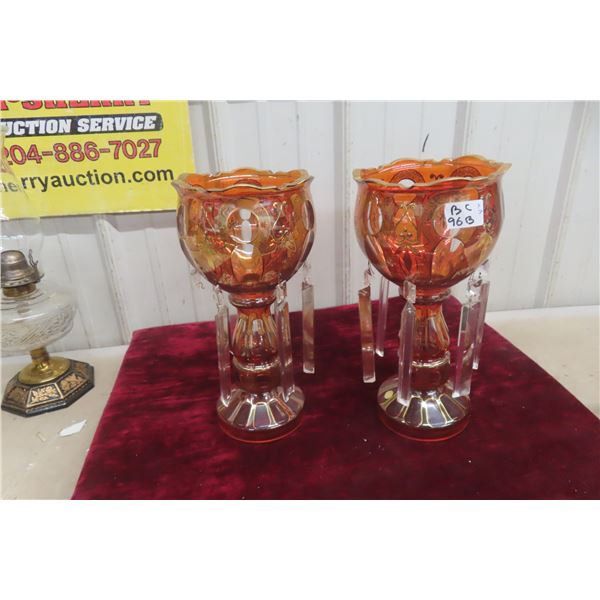 Pair of Bohemian Enamel Overlay Glass Mantel Lustres, 12 1/2" Tall