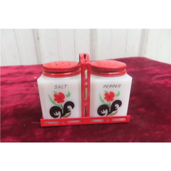 Vintage Milk Glass Salt and Pepper Set with Carrier