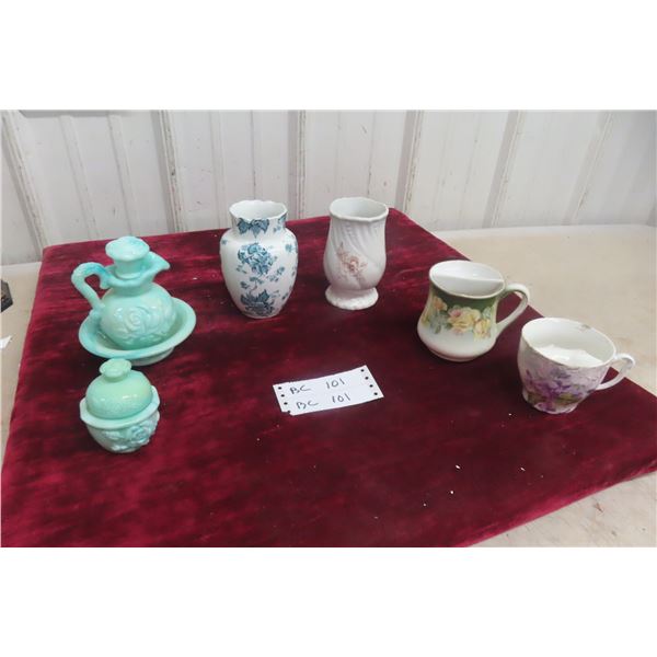 Mixed Lot of Vintage Porcelain Moustache Cups, Cups, and Decorative Vases