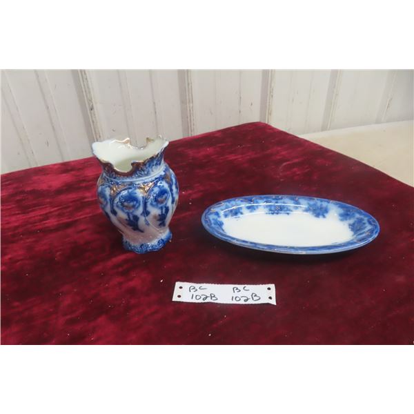 Two-Piece Floral Blue Tray and Vase Set