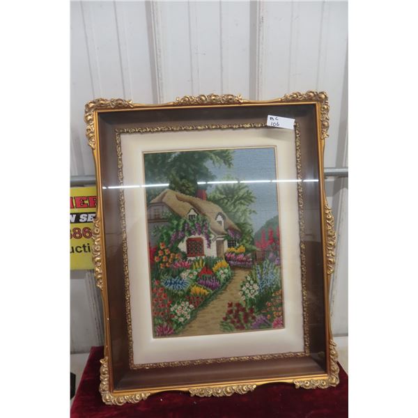 Framed Needlepoint Textile Artwork With Ornate Gilt Frame, 21" x 27"