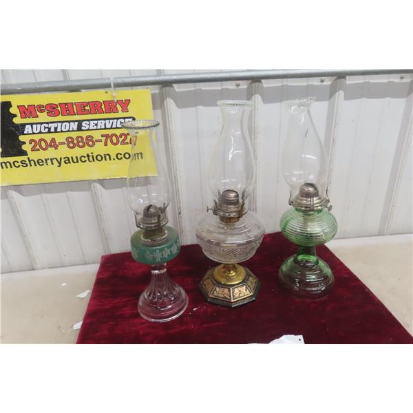 Three Coal Oil Lamps with Chimneys