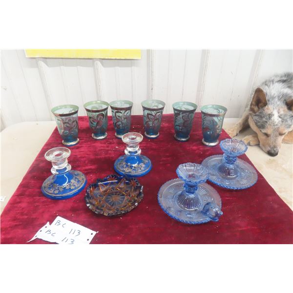 Attractive Assortment of Blue Glass Tumblers and Decorative Pieces