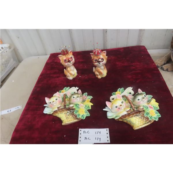 Two 1950s Kitty Cat Sewing Caddies with Two Wall Art Displays, 7 1/2" x 9"