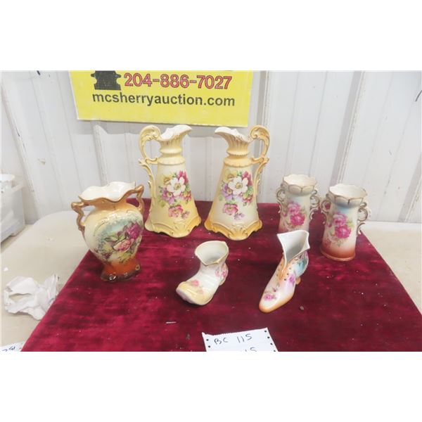 Porcelain China Vases, Pitcher and Shoe, Tallest 10"