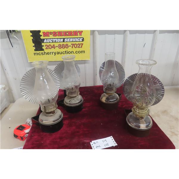 Four Wall-Mounted Coal Oil Lamps with Reflectors