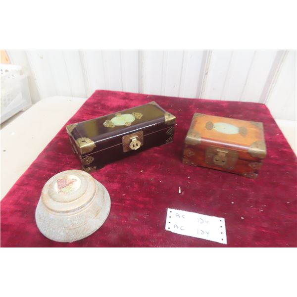 Two Wood and Brass Chinese Jewelry Boxes with Musical Powder Container