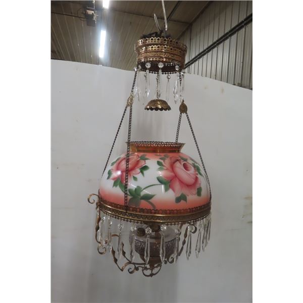 Victorian Hanging Parlor Coal Oil Lamp with Hand-Painted Shade