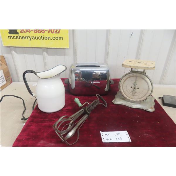 Household Antiques Including Scale, Enamel Pitcher, Hand-Crank Egg Beater, and Vintage Toaster