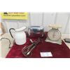 Image 1 : Household Antiques Including Scale, Enamel Pitcher, Hand-Crank Egg Beater, and Vintage Toaster