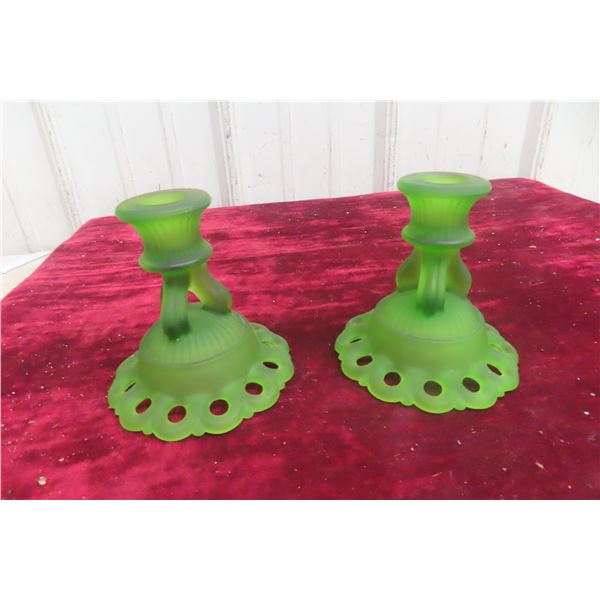 Pair of Green Satin Glass Candle Holders, Westmoreland Style, 5" Tall