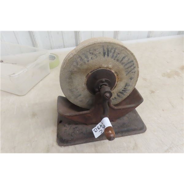Crank-Powered Wet Grindstone on Stone Base, Sandstone, 6 1/2" Diameter