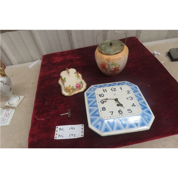 German Ceramic Wall Clock With Biscuit Jar, Covered Cheese Dish