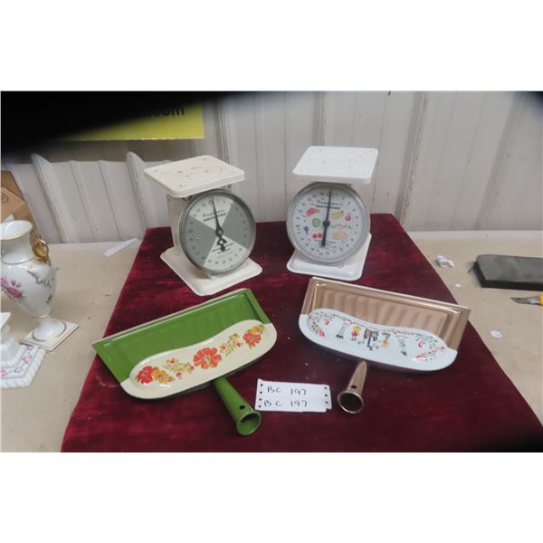 Two Vintage Dustpans with Two Household Scales
