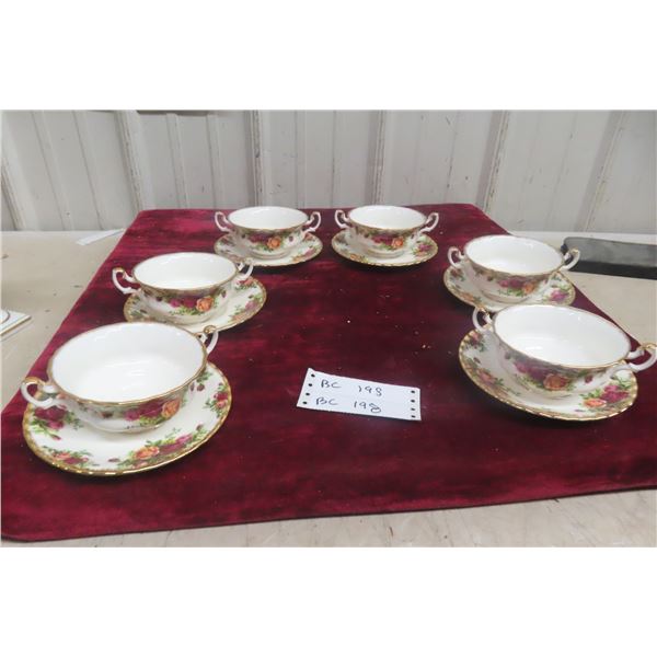 Six Royal Albert Old Country Roses Pattern Handled Soup Cups with Underplates