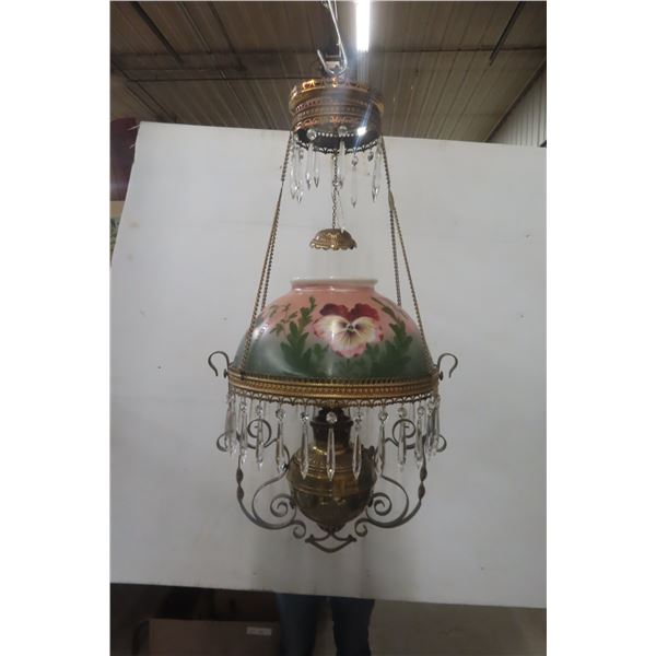 Victorian Hanging  Oil Lamp with Hand-Painted Milk Glass Shade, Crystal Prisms, Ornate Brass