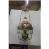 Image 1 : Victorian Hanging  Oil Lamp with Hand-Painted Milk Glass Shade, Crystal Prisms, Ornate Brass
