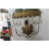 Image 5 : Victorian Hanging  Oil Lamp with Hand-Painted Milk Glass Shade, Crystal Prisms, Ornate Brass