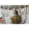 Image 7 : Victorian Hanging  Oil Lamp with Hand-Painted Milk Glass Shade, Crystal Prisms, Ornate Brass