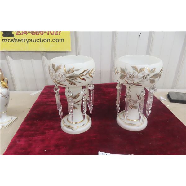 Pair of Vintage Hand-Painted Milk Glass Mantel Lustres with Crystal Prisms, 10" Tall