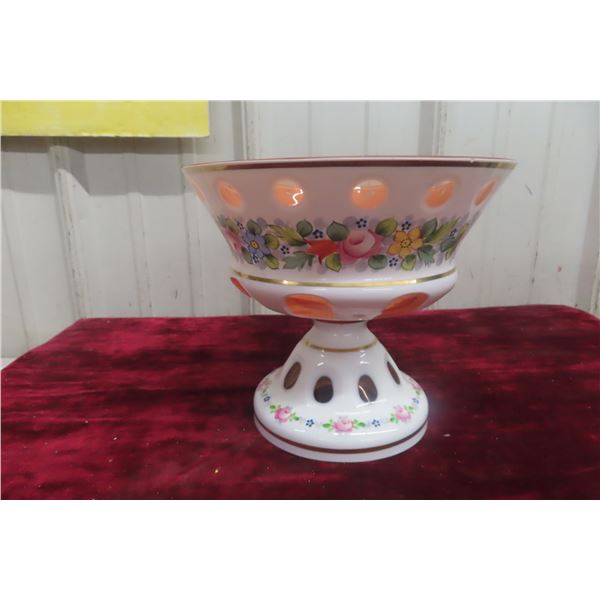 Victorian Bohemian Cranberry Glass Compote Dish with Hand-Painted Floral Motifs and Gold Trim