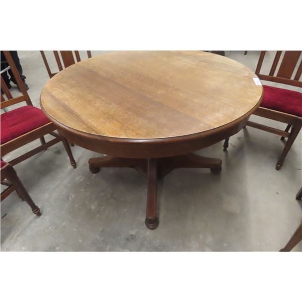 Quarter-Cut Oak Pedestal Dining Table with 10" Leaf and Six Chairs
